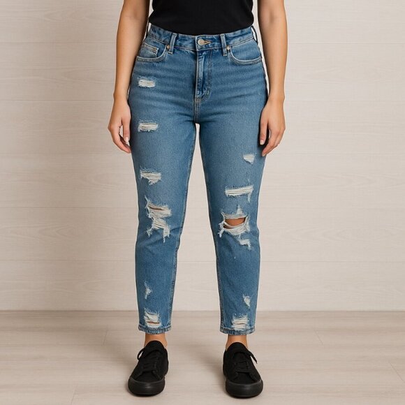 KanCan Denim - Kancan High Rise Distressed Skinny Mom Jeans Blue Ripped Vintage Wash Denim